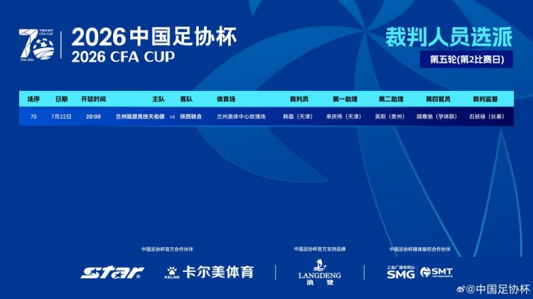 足协杯第五轮:韩磊主哨兰州陇原竞技vs陕西联合,无VAR