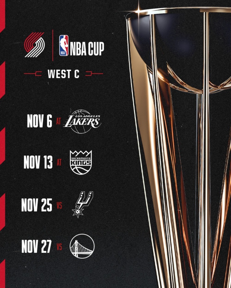 开拓者NBA杯赛程公布 十一月连战湖勇