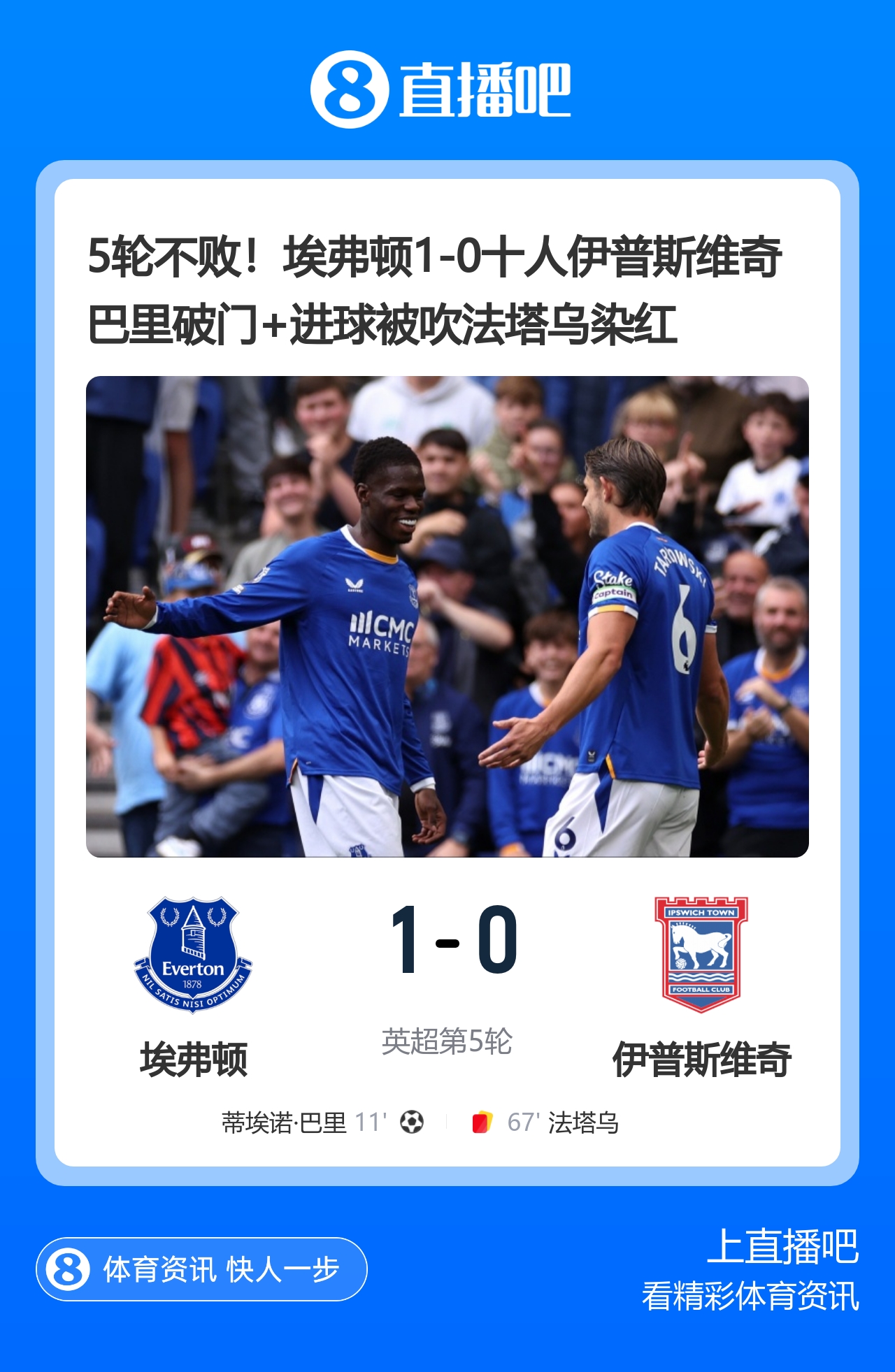 5轮不败!埃弗顿1-0十人伊普斯维奇 巴里破门+进球被吹法塔乌染红 5轮不败!埃弗顿1-0十人伊普斯维奇 巴里破门+进球被吹法塔乌染红