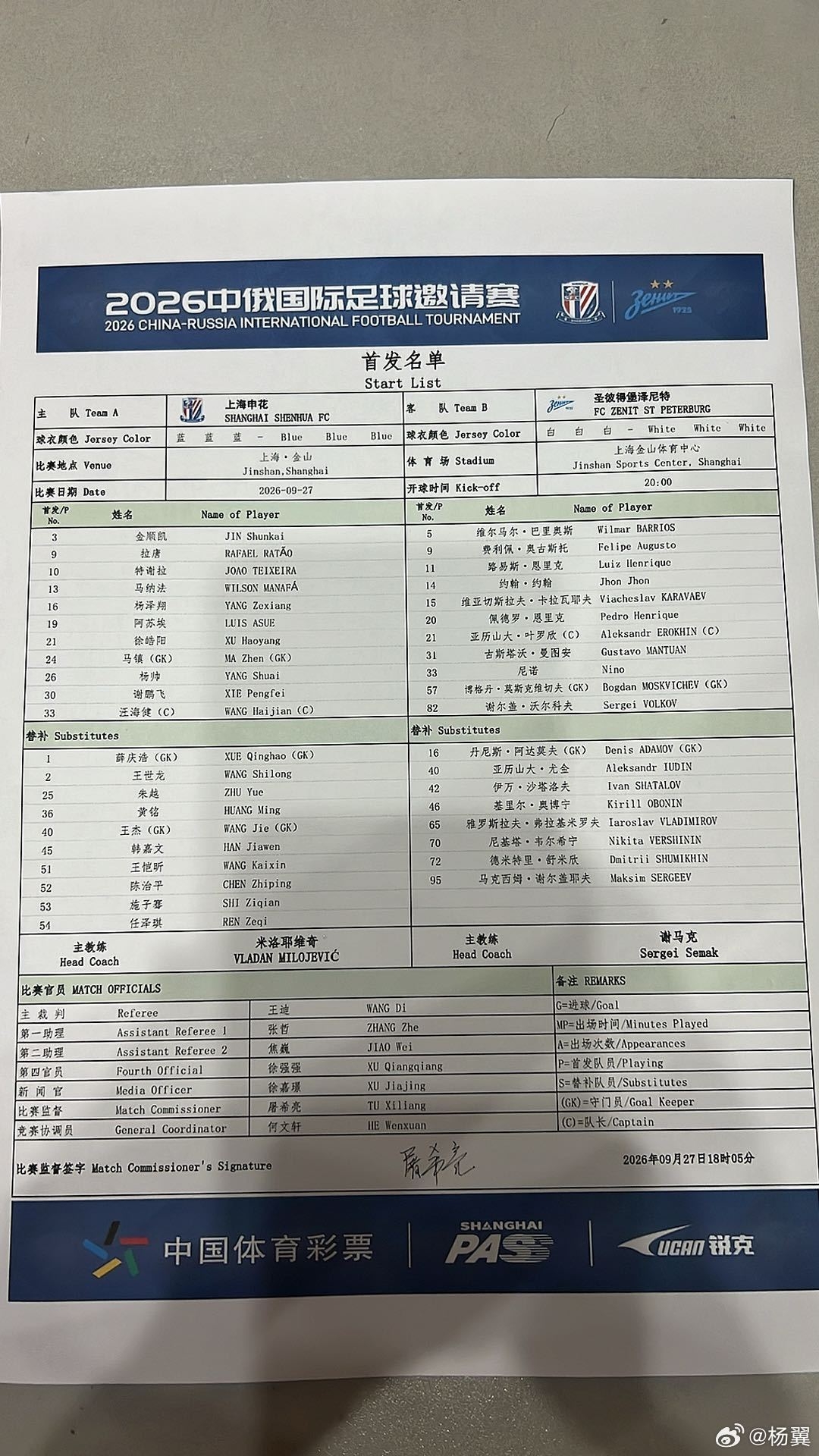 申花vs泽尼特首发：申花4外援，特谢拉、拉唐先发，阿苏埃出战